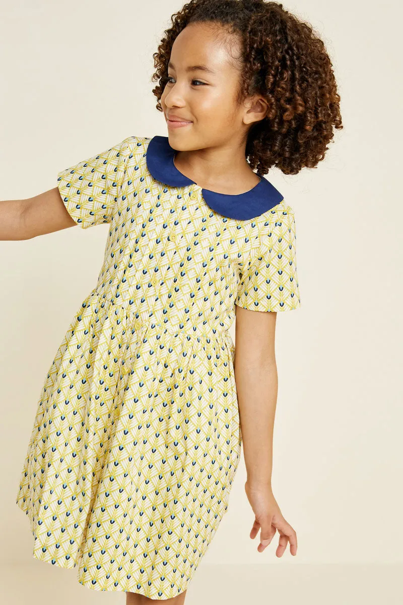 Girls Printed Round Collar Babydoll Dress