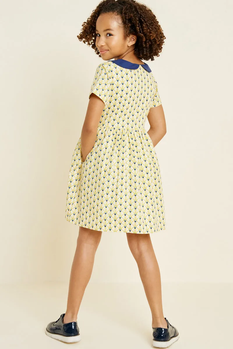 Girls Printed Round Collar Babydoll Dress