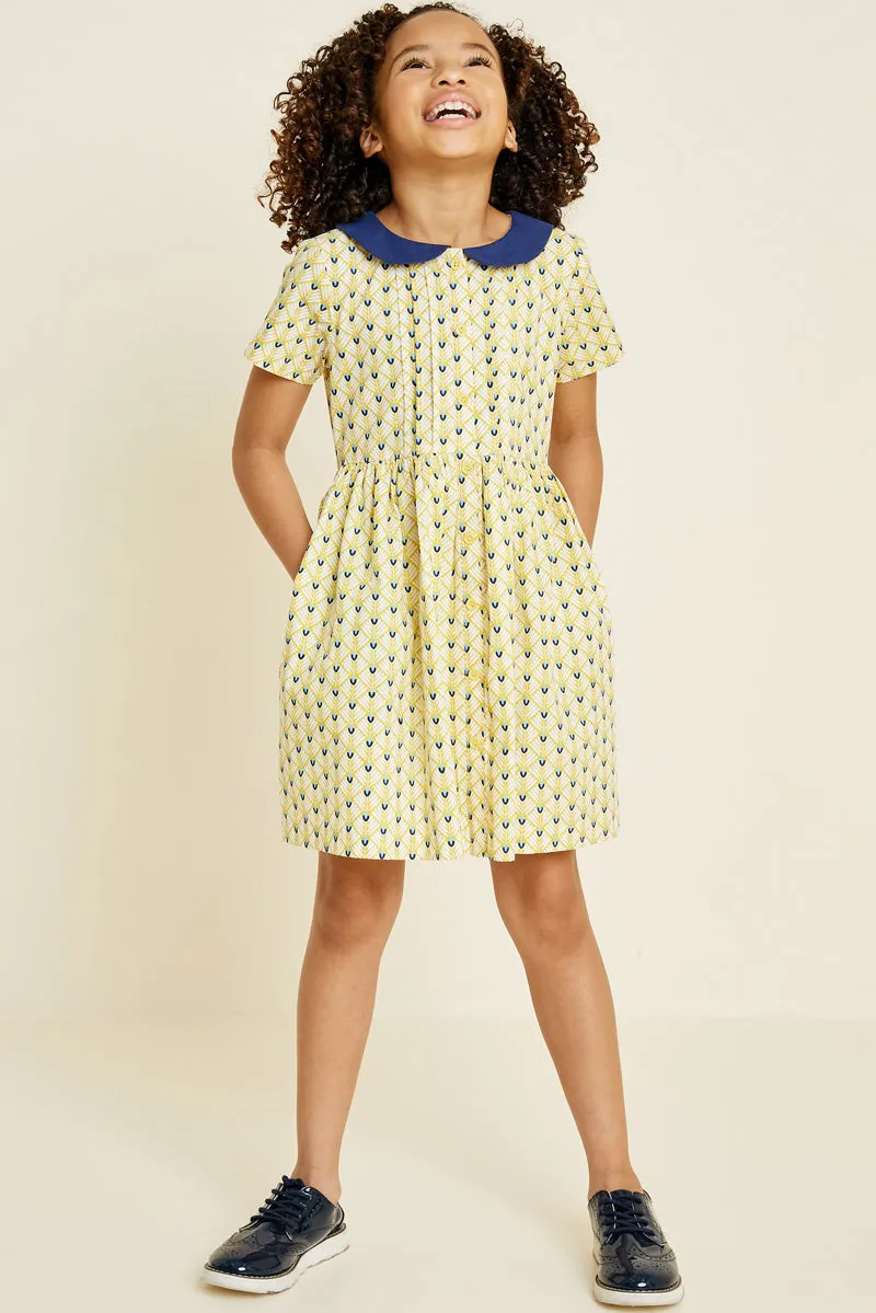 Girls Printed Round Collar Babydoll Dress