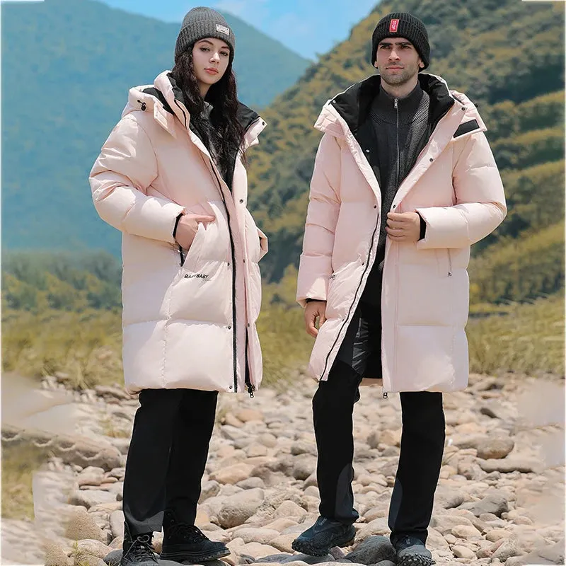 Goose Feather Down Jacket Unisex  Lightweight Warm Long  Winter Luxury Removable Hood