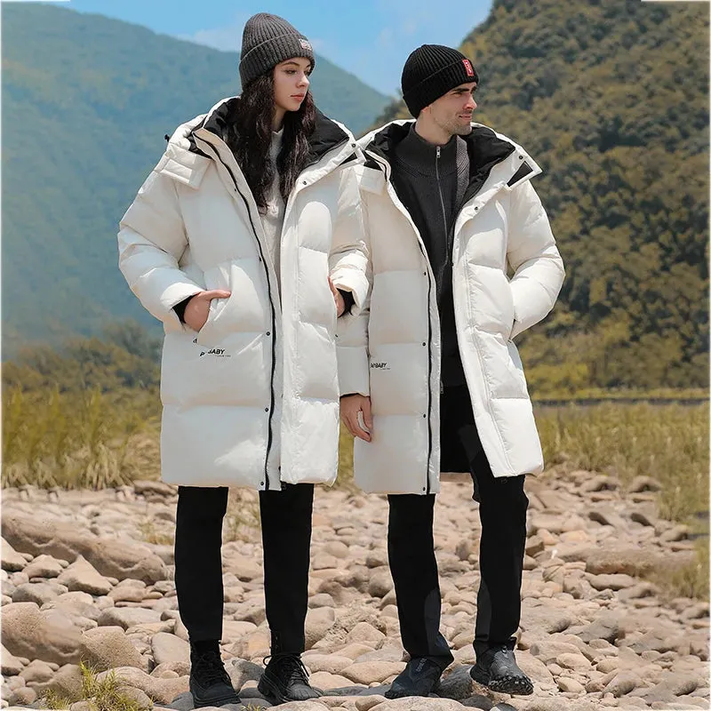 Goose Feather Down Jacket Unisex  Lightweight Warm Long  Winter Luxury Removable Hood