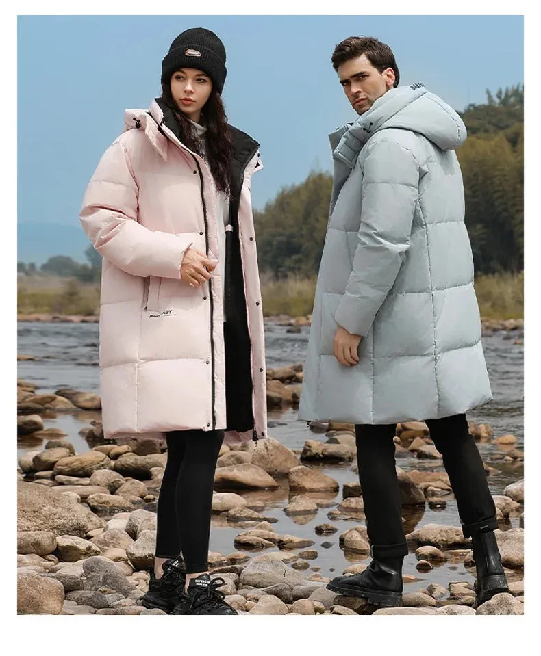 Goose Feather Down Jacket Unisex  Lightweight Warm Long  Winter Luxury Removable Hood