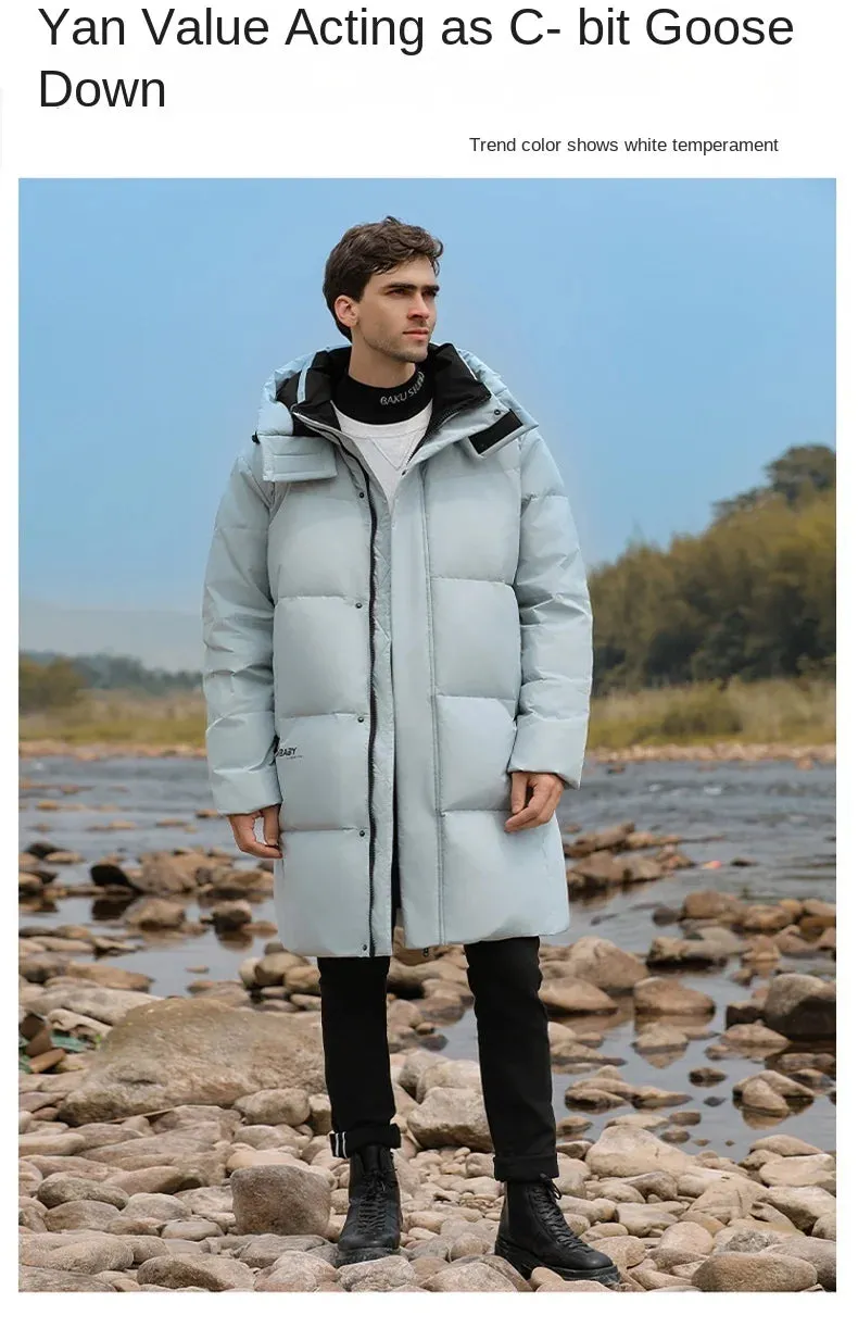 Goose Feather Down Jacket Unisex  Lightweight Warm Long  Winter Luxury Removable Hood