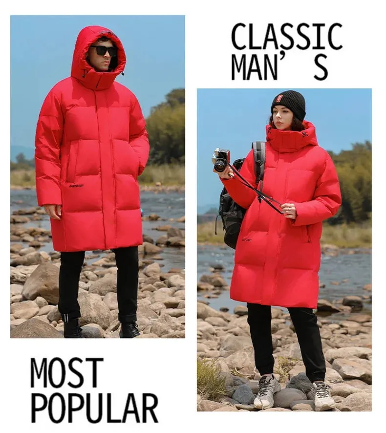 Goose Feather Down Jacket Unisex  Lightweight Warm Long  Winter Luxury Removable Hood