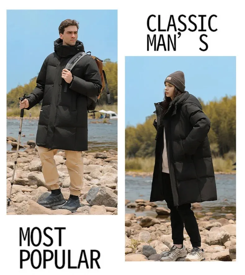 Goose Feather Down Jacket Unisex  Lightweight Warm Long  Winter Luxury Removable Hood