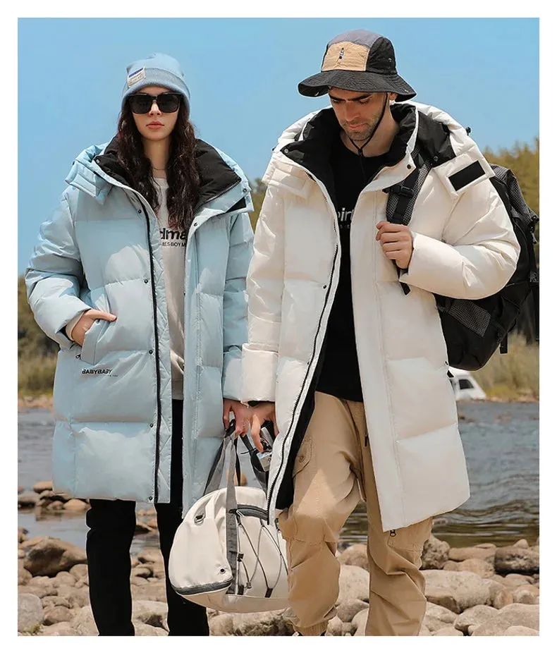 Goose Feather Down Jacket Unisex  Lightweight Warm Long  Winter Luxury Removable Hood