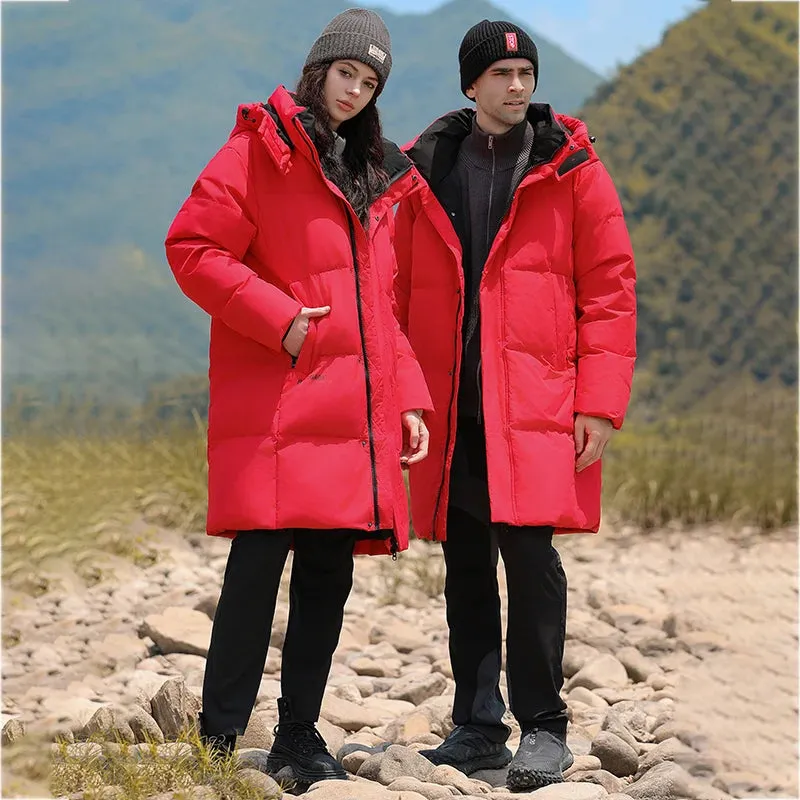 Goose Feather Down Jacket Unisex  Lightweight Warm Long  Winter Luxury Removable Hood