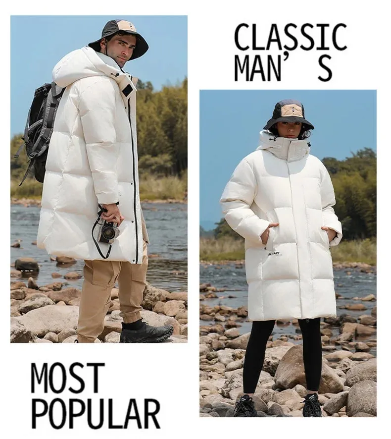 Goose Feather Down Jacket Unisex  Lightweight Warm Long  Winter Luxury Removable Hood