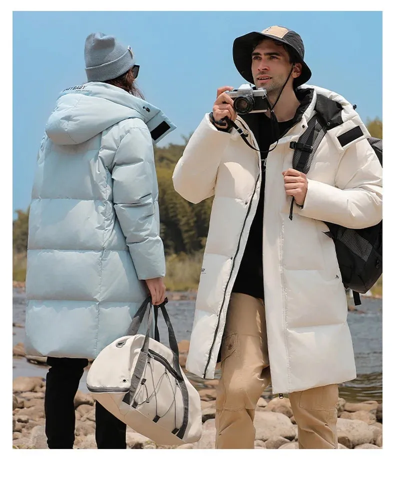 Goose Feather Down Jacket Unisex  Lightweight Warm Long  Winter Luxury Removable Hood