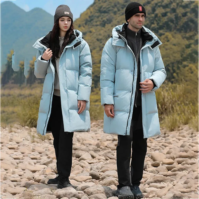 Goose Feather Down Jacket Unisex  Lightweight Warm Long  Winter Luxury Removable Hood