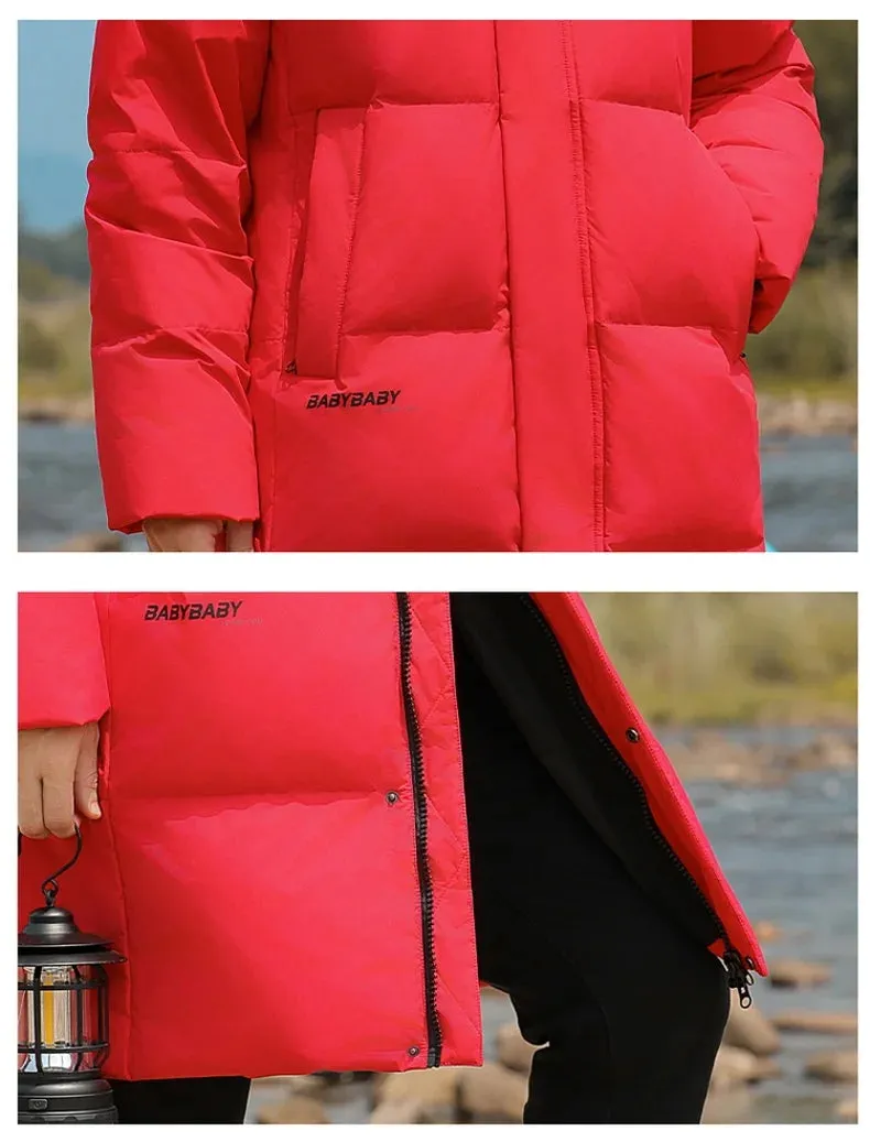 Goose Feather Down Jacket Unisex  Lightweight Warm Long  Winter Luxury Removable Hood