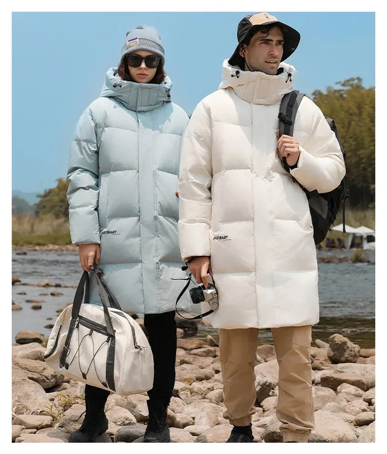 Goose Feather Down Jacket Unisex  Lightweight Warm Long  Winter Luxury Removable Hood