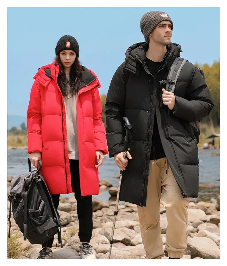 Goose Feather Down Jacket Unisex  Lightweight Warm Long  Winter Luxury Removable Hood