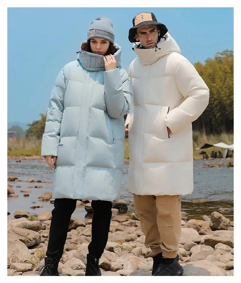 Goose Feather Down Jacket Unisex  Lightweight Warm Long  Winter Luxury Removable Hood