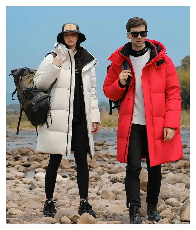 Goose Feather Down Jacket Unisex  Lightweight Warm Long  Winter Luxury Removable Hood