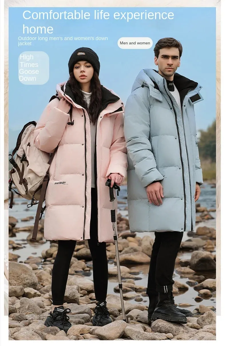 Goose Feather Down Jacket Unisex  Lightweight Warm Long  Winter Luxury Removable Hood