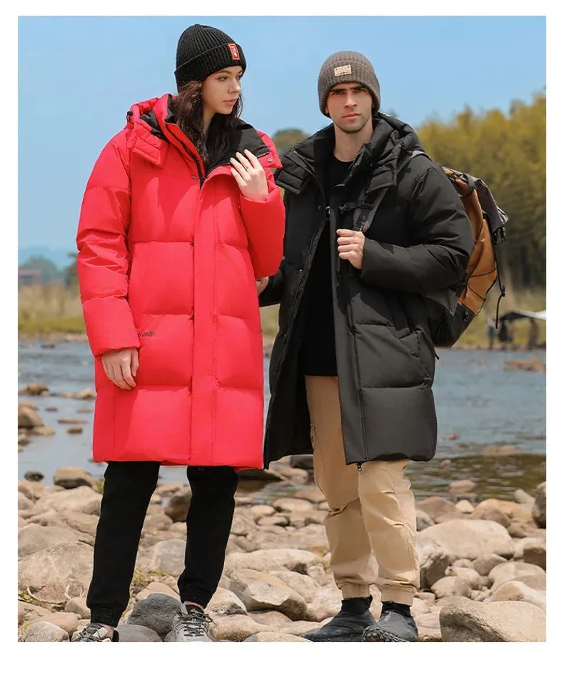Goose Feather Down Jacket Unisex  Lightweight Warm Long  Winter Luxury Removable Hood