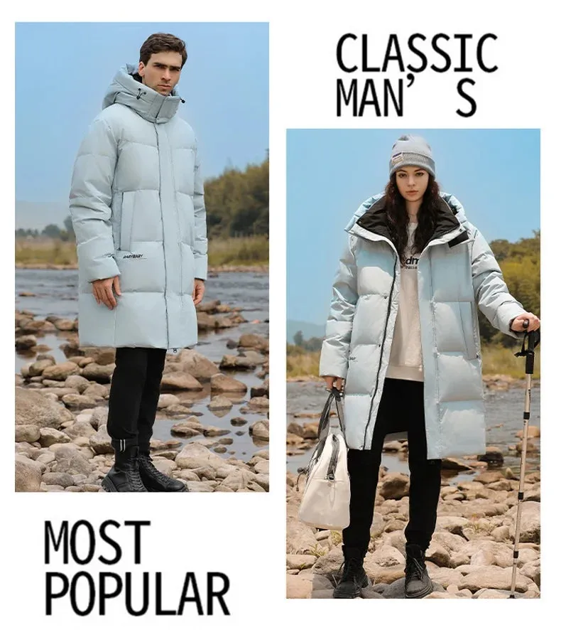 Goose Feather Down Jacket Unisex  Lightweight Warm Long  Winter Luxury Removable Hood