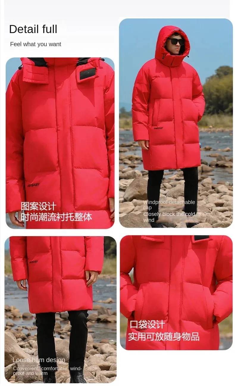 Goose Feather Down Jacket Unisex  Lightweight Warm Long  Winter Luxury Removable Hood