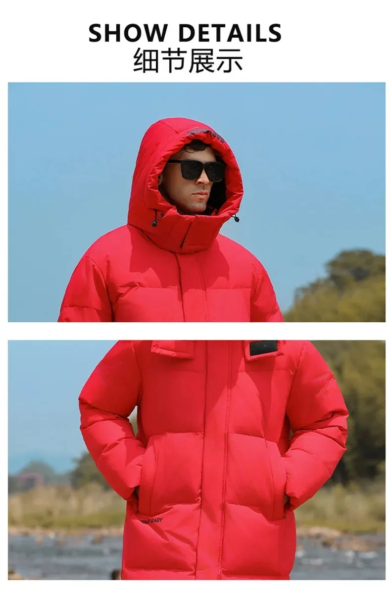 Goose Feather Down Jacket Unisex  Lightweight Warm Long  Winter Luxury Removable Hood