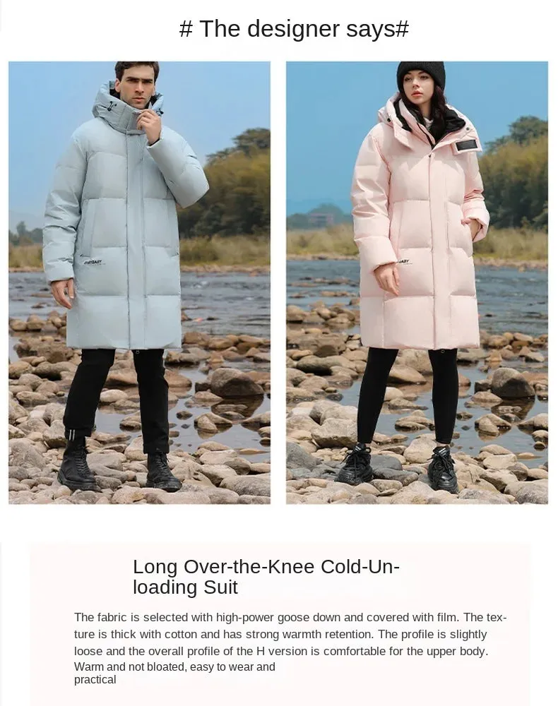 Goose Feather Down Jacket Unisex  Lightweight Warm Long  Winter Luxury Removable Hood