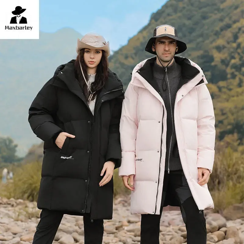 Goose Feather Down Jacket Unisex  Lightweight Warm Long  Winter Luxury Removable Hood