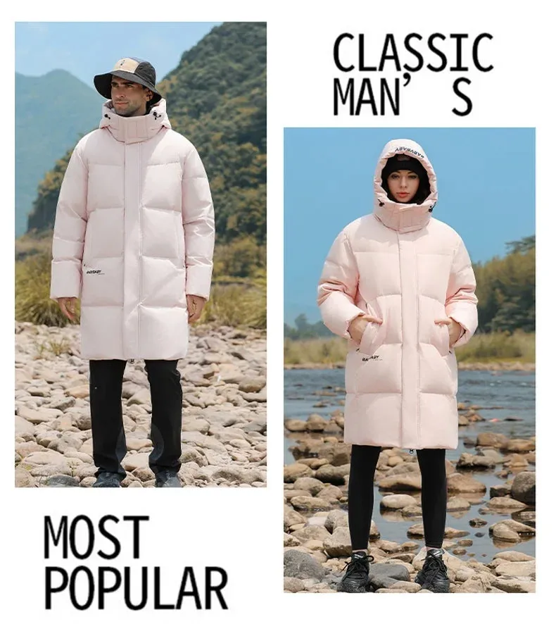 Goose Feather Down Jacket Unisex  Lightweight Warm Long  Winter Luxury Removable Hood