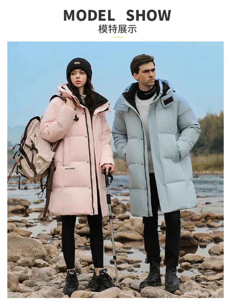 Goose Feather Down Jacket Unisex  Lightweight Warm Long  Winter Luxury Removable Hood