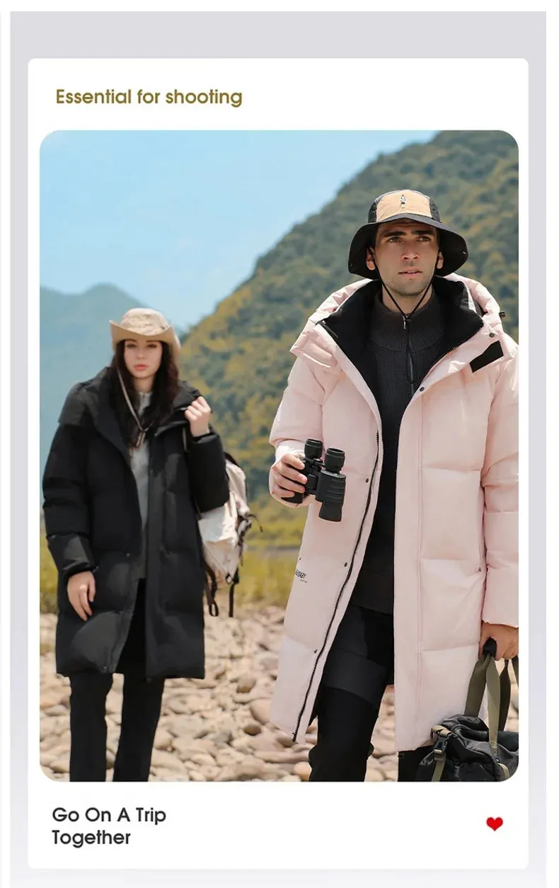 Goose Feather Down Jacket Unisex  Lightweight Warm Long  Winter Luxury Removable Hood