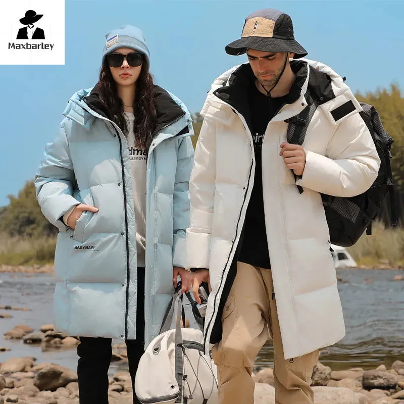 Goose Feather Down Jacket Unisex  Lightweight Warm Long  Winter Luxury Removable Hood