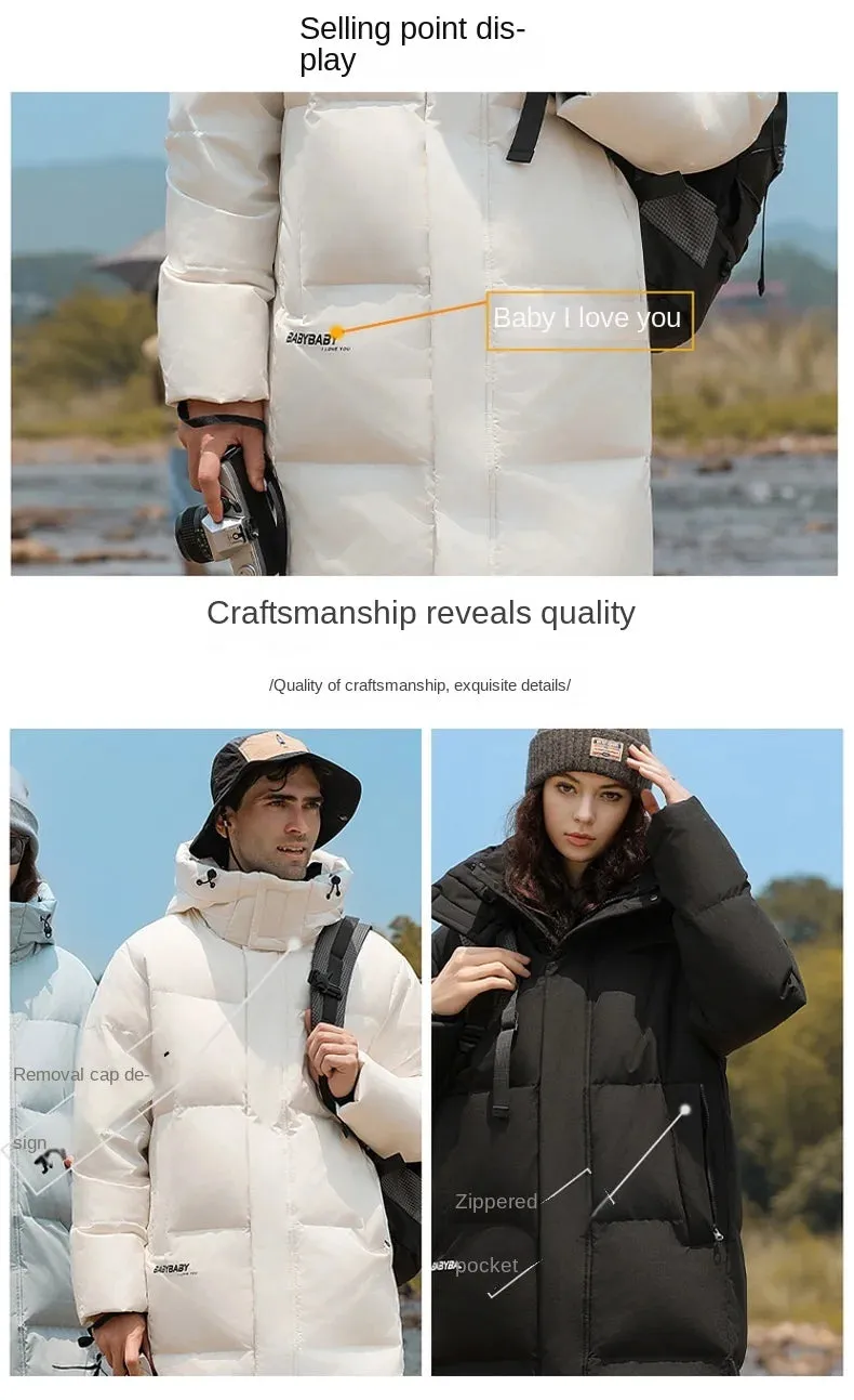 Goose Feather Down Jacket Unisex  Lightweight Warm Long  Winter Luxury Removable Hood