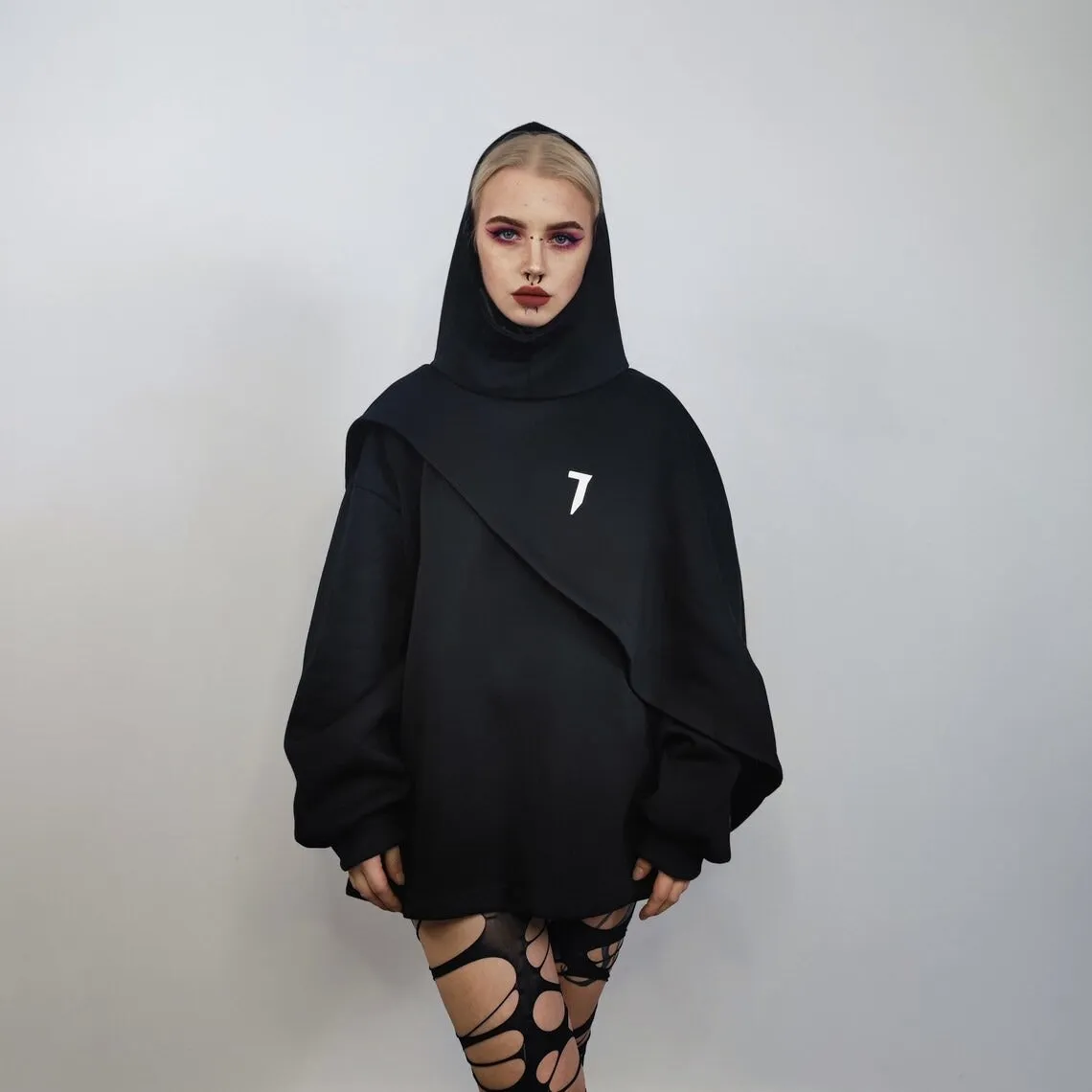 Gothic cape raised neck punk hoodie utility poncho gorpcore cloak asymmetric pullover cyberpunk ninja jumper Japanese Yamamoto sweatshirt