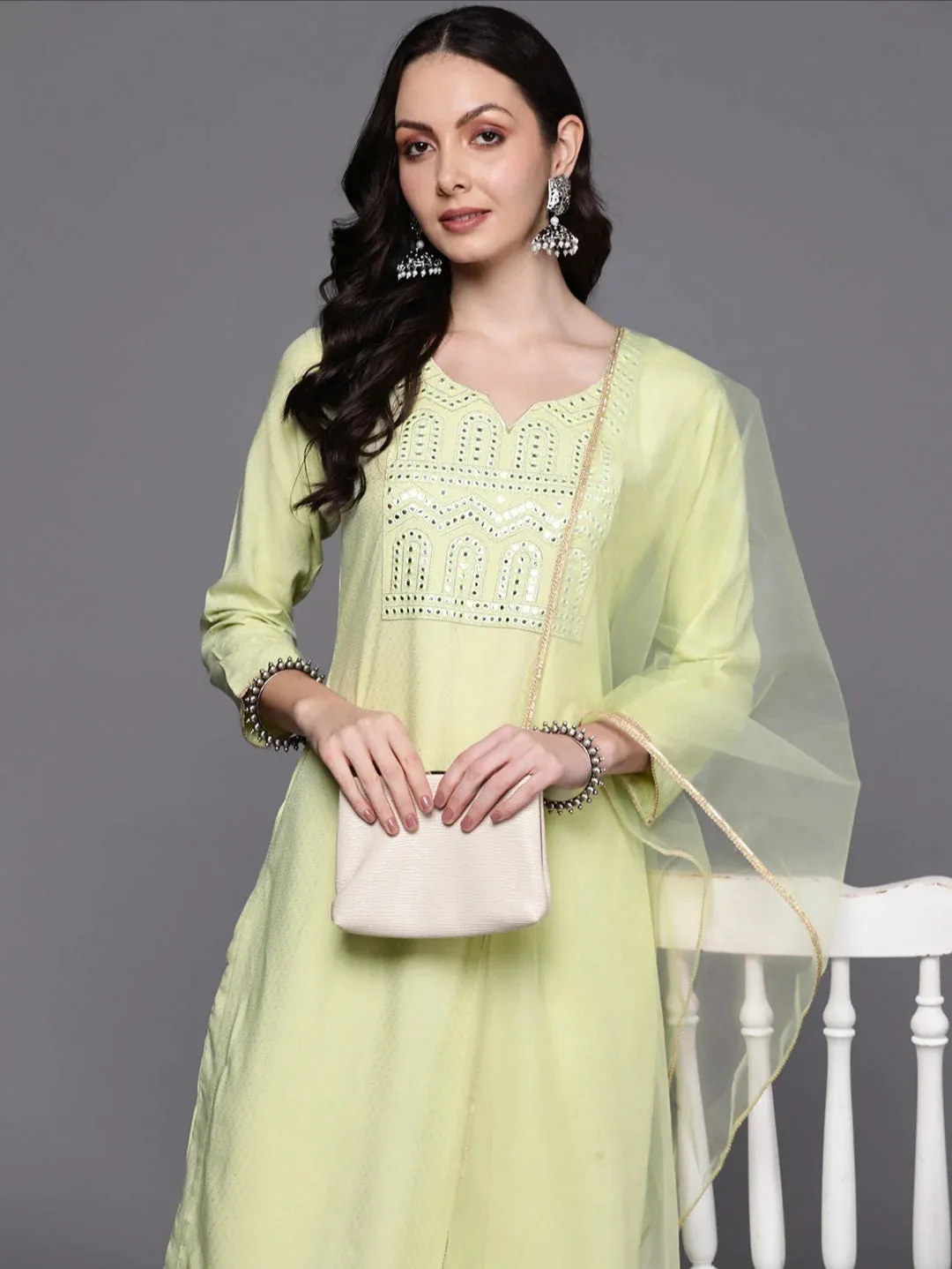 Green Embroidered Mirror Work Kurta Set