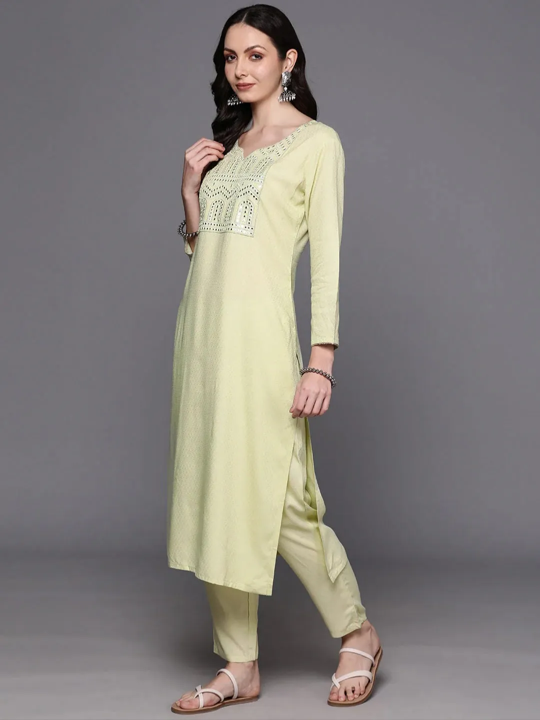 Green Embroidered Mirror Work Kurta Set