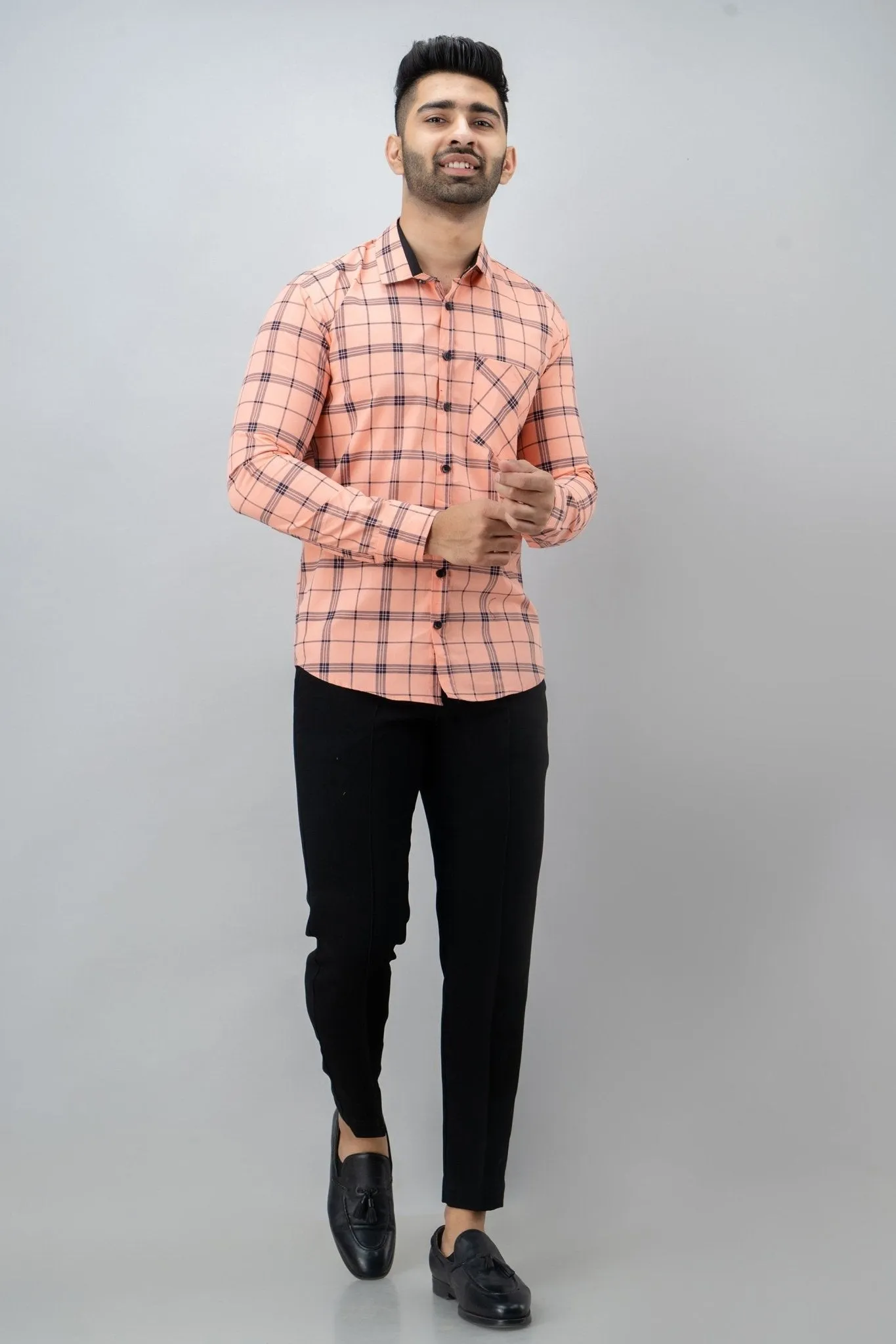 Light Pink Checkered Pure Cotton Formal Shirt
