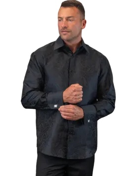 Men's Black Fancy Silk Casual Long Sleeves Shirt With Cufflink Regular-Fit
