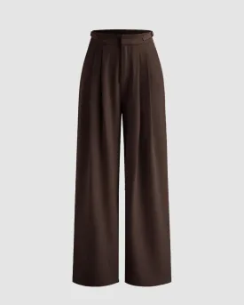 Mid Rise Solid Pleated Belted Straight Leg Trouser In Coco Brown