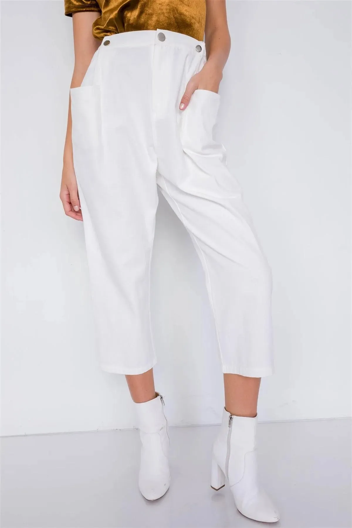 Off-White Chic Solid Ankle Wide Leg Adjustable Snap Waist Pants /3-2-1