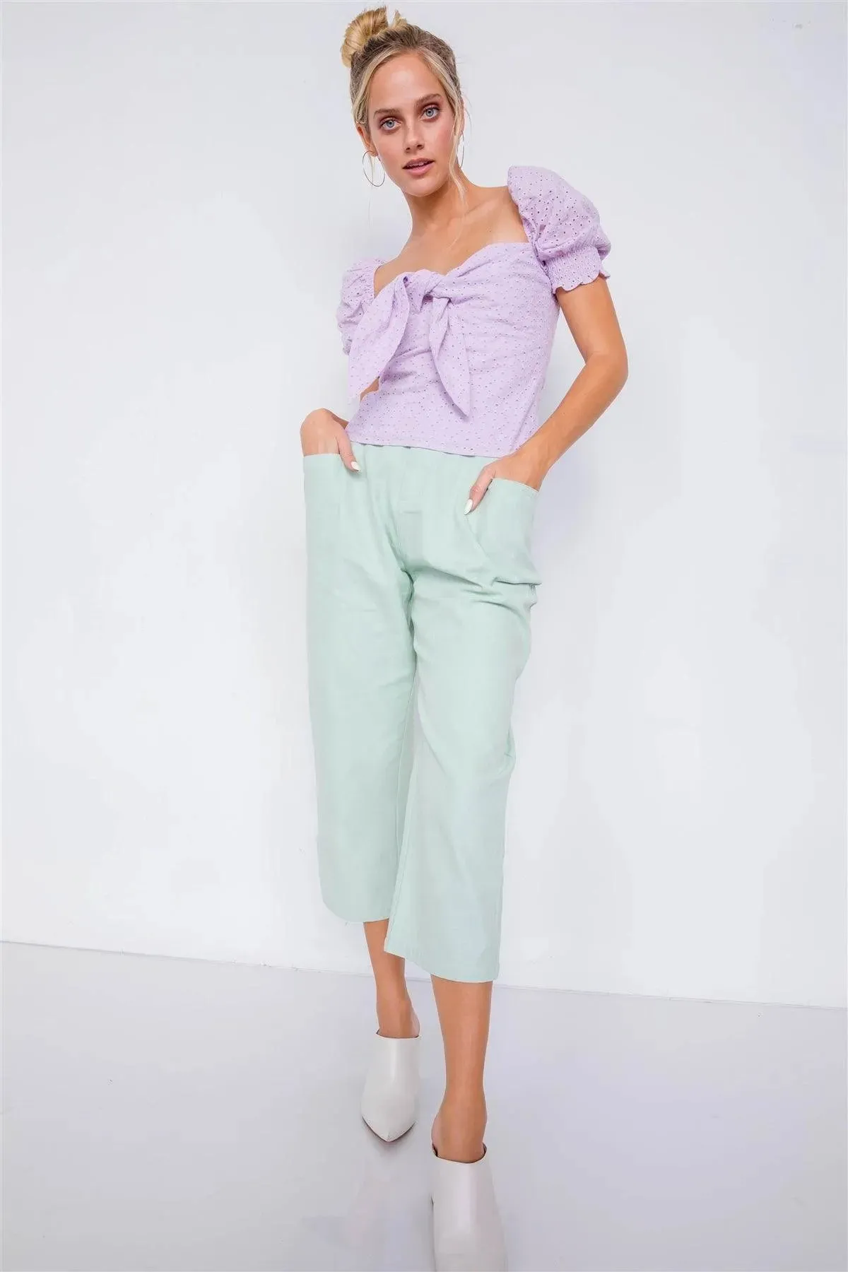 Pastel Sage Chic Solid Ankle Wide Leg Adjustable Snap Waist Pants /3-2