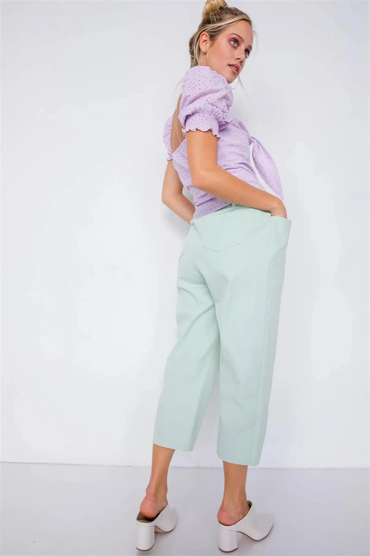 Pastel Sage Chic Solid Ankle Wide Leg Adjustable Snap Waist Pants /3-2