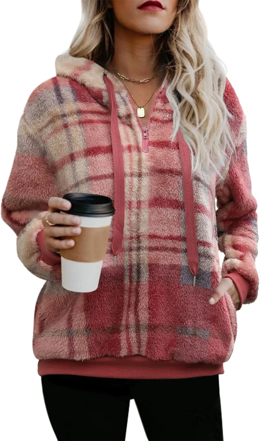 ReachMe Womens Oversized Sherpa Pullover Hoodie with Pockets Fuzzy Fleece Sweatshirt Buffalo Plaid Fluffy Coat