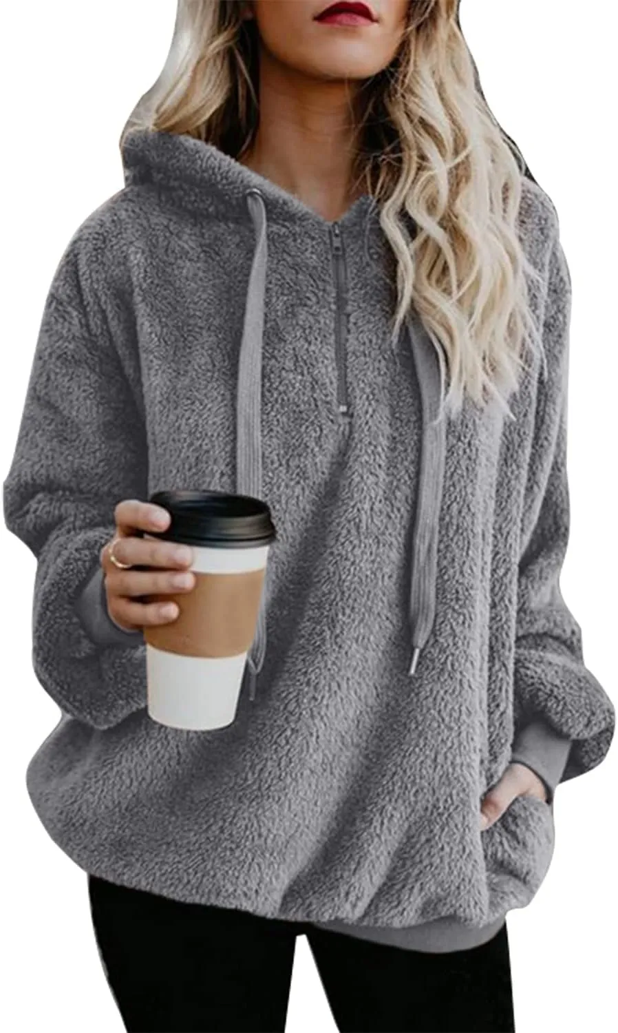 ReachMe Womens Oversized Sherpa Pullover Hoodie with Pockets Fuzzy Fleece Sweatshirt Buffalo Plaid Fluffy Coat