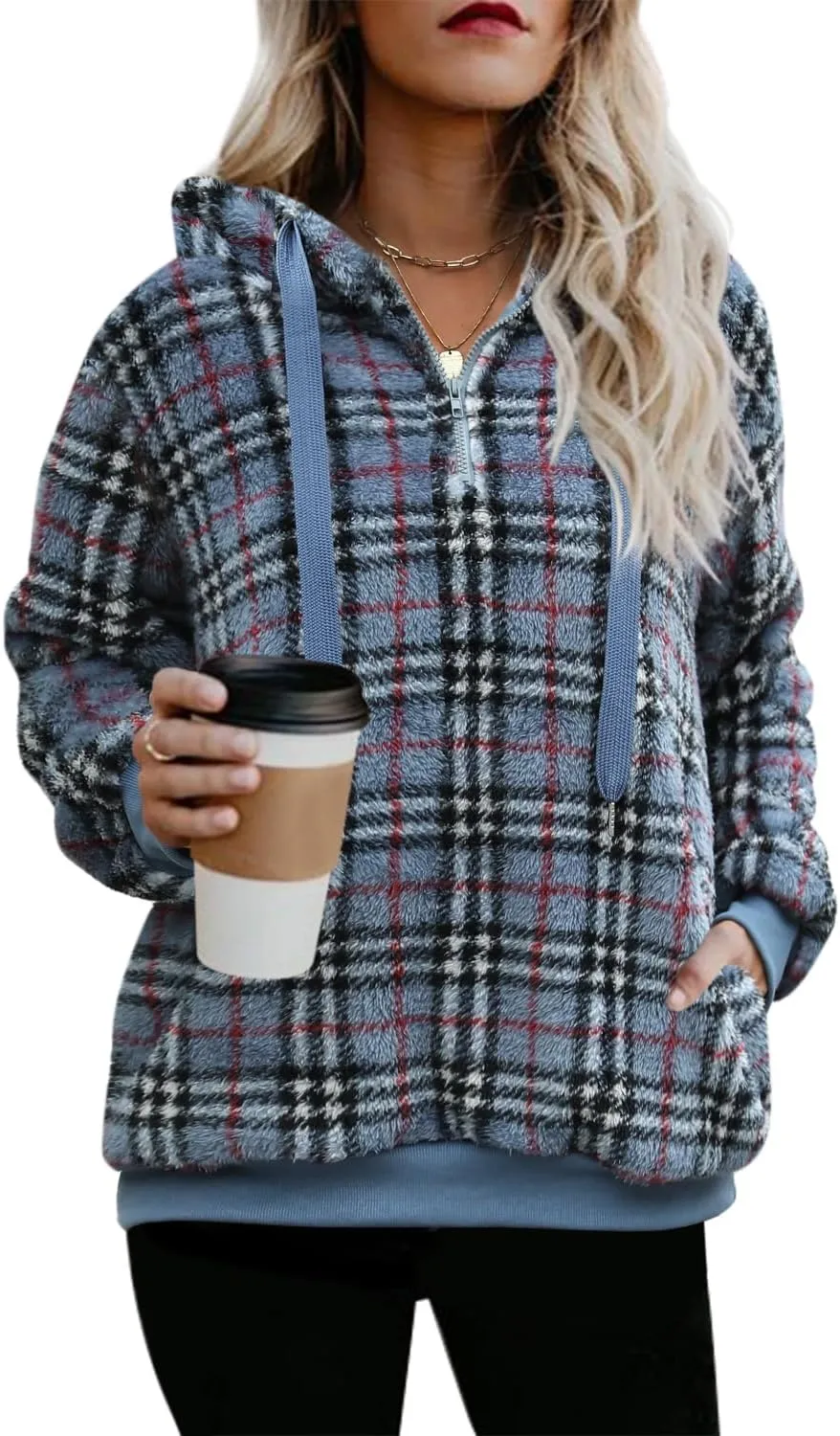 ReachMe Womens Oversized Sherpa Pullover Hoodie with Pockets Fuzzy Fleece Sweatshirt Buffalo Plaid Fluffy Coat