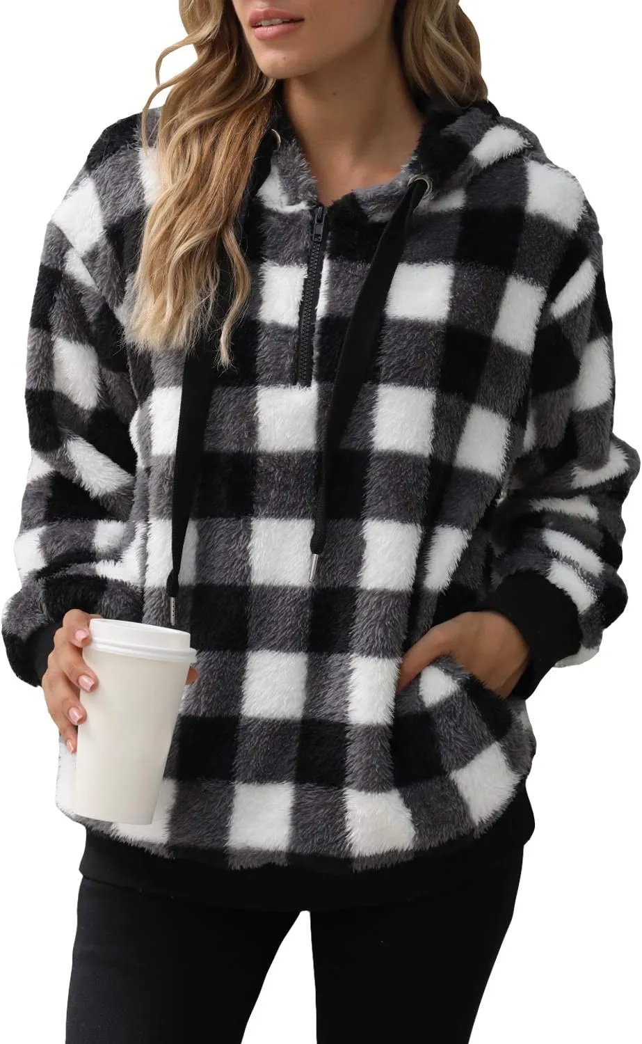 ReachMe Womens Oversized Sherpa Pullover Hoodie with Pockets Fuzzy Fleece Sweatshirt Buffalo Plaid Fluffy Coat