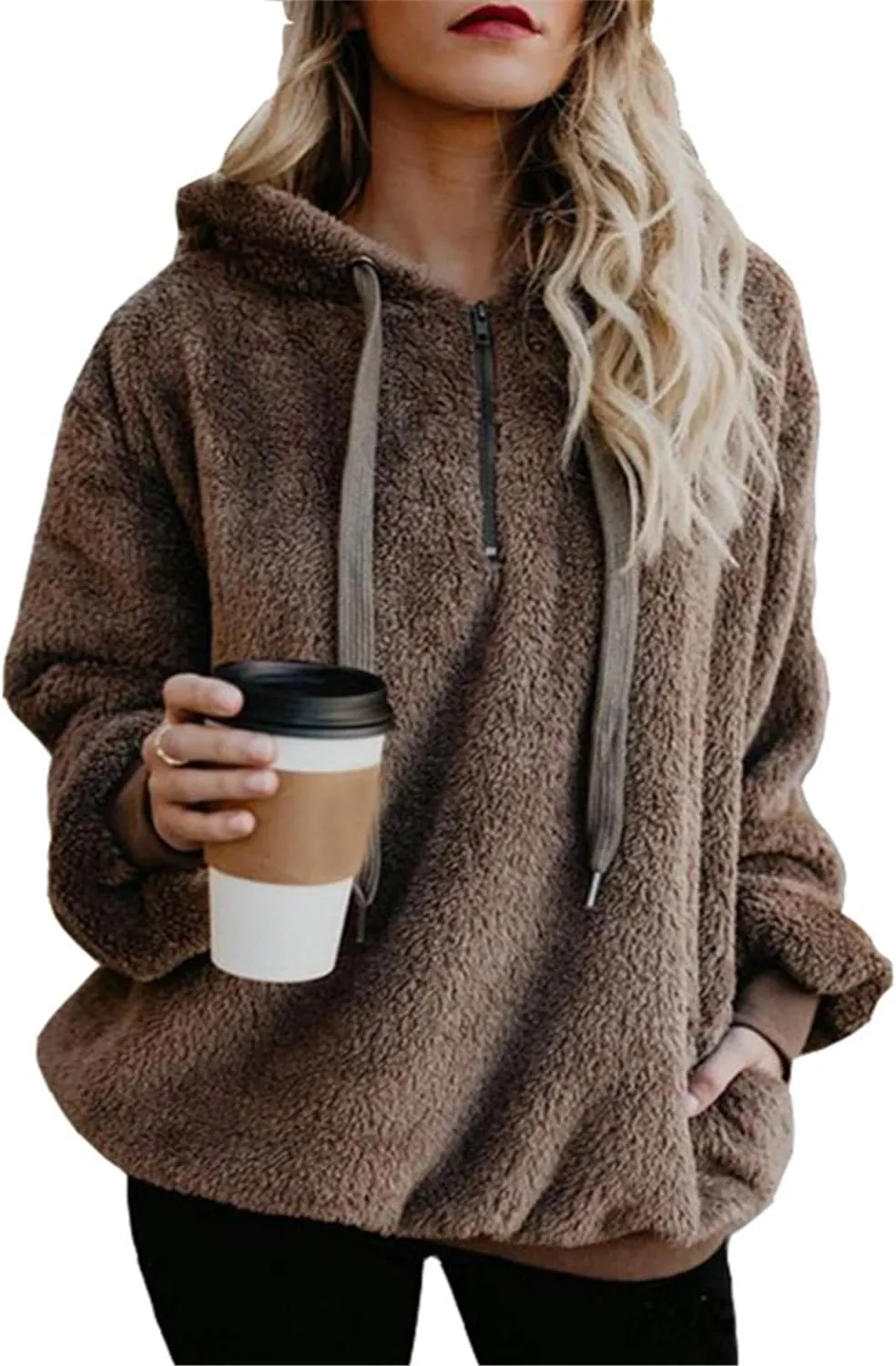 ReachMe Womens Oversized Sherpa Pullover Hoodie with Pockets Fuzzy Fleece Sweatshirt Buffalo Plaid Fluffy Coat