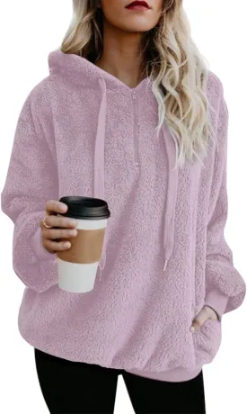 ReachMe Womens Oversized Sherpa Pullover Hoodie with Pockets Fuzzy Fleece Sweatshirt Buffalo Plaid Fluffy Coat
