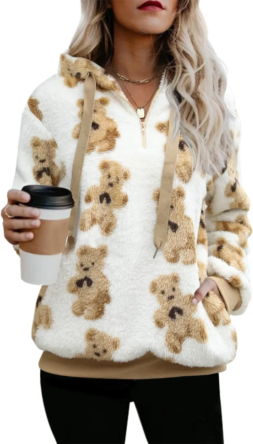 ReachMe Womens Oversized Sherpa Pullover Hoodie with Pockets Fuzzy Fleece Sweatshirt Buffalo Plaid Fluffy Coat