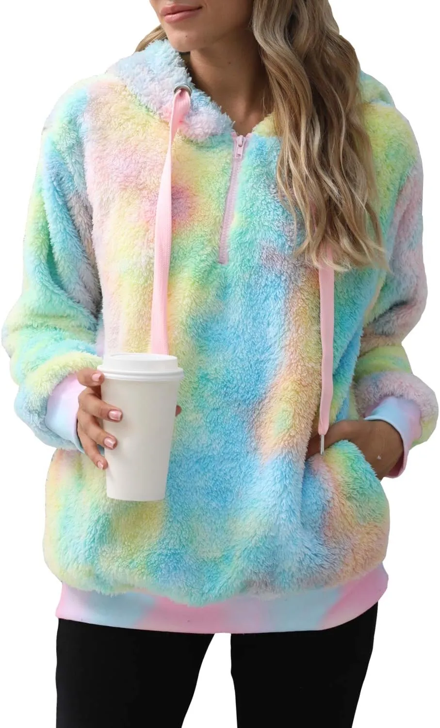 ReachMe Womens Oversized Sherpa Pullover Hoodie with Pockets Fuzzy Fleece Sweatshirt Buffalo Plaid Fluffy Coat