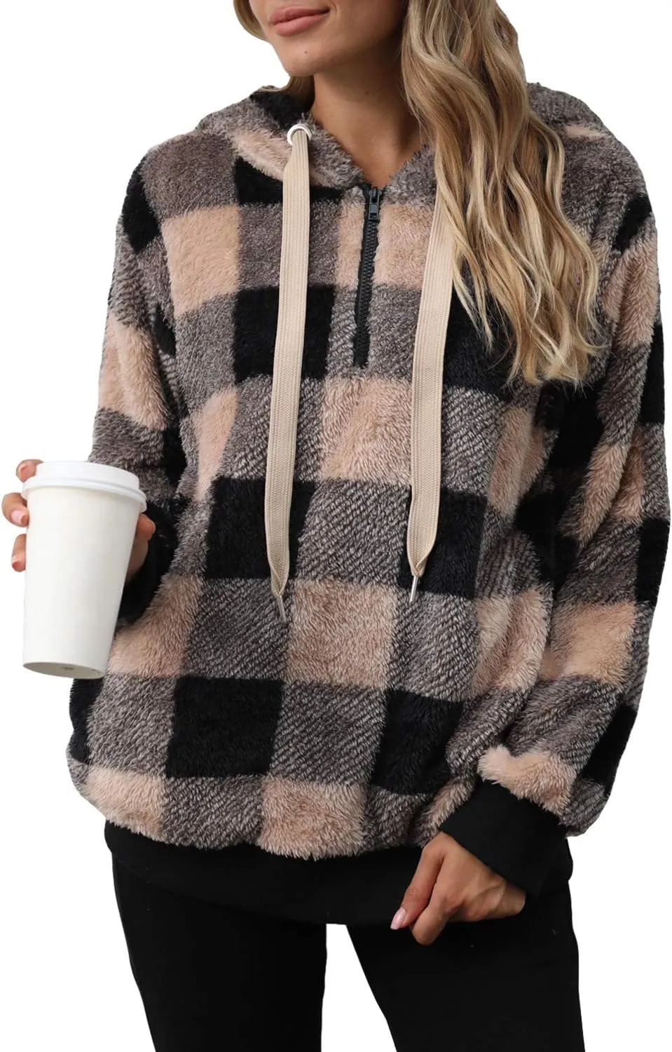 ReachMe Womens Oversized Sherpa Pullover Hoodie with Pockets Fuzzy Fleece Sweatshirt Buffalo Plaid Fluffy Coat