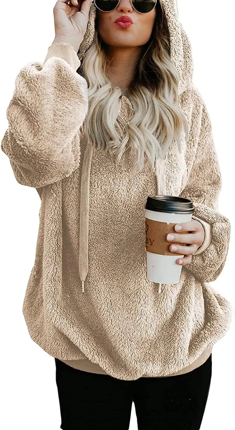 ReachMe Womens Oversized Sherpa Pullover Hoodie with Pockets Fuzzy Fleece Sweatshirt Buffalo Plaid Fluffy Coat